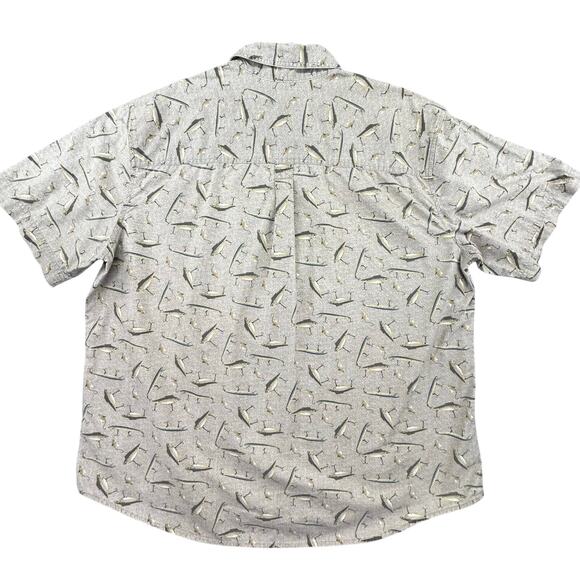 Woolrich Camp Shirt Mens XL Short Sleeve Tan Fishing Lures Button Down Stretch - Picture 4 of 16
